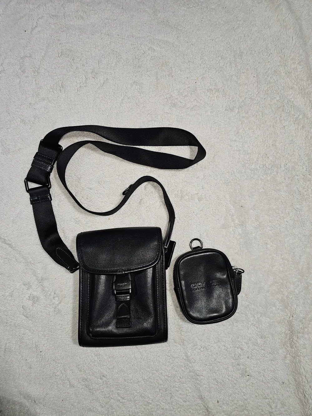 Coach Black Leather Messenger Crossbody with Detachable Coin Pouch